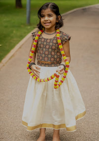 Ajrak printed top and Kasavu skirt