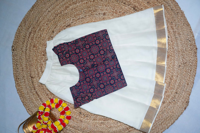 Ajrak printed top and Kasavu skirt